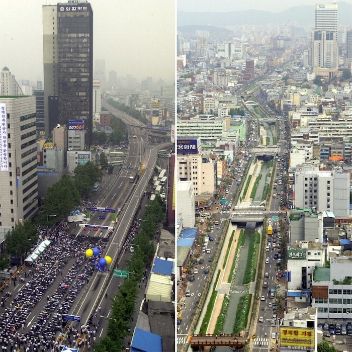 Séoul avant et après la restauration du Cheonggyecheon.