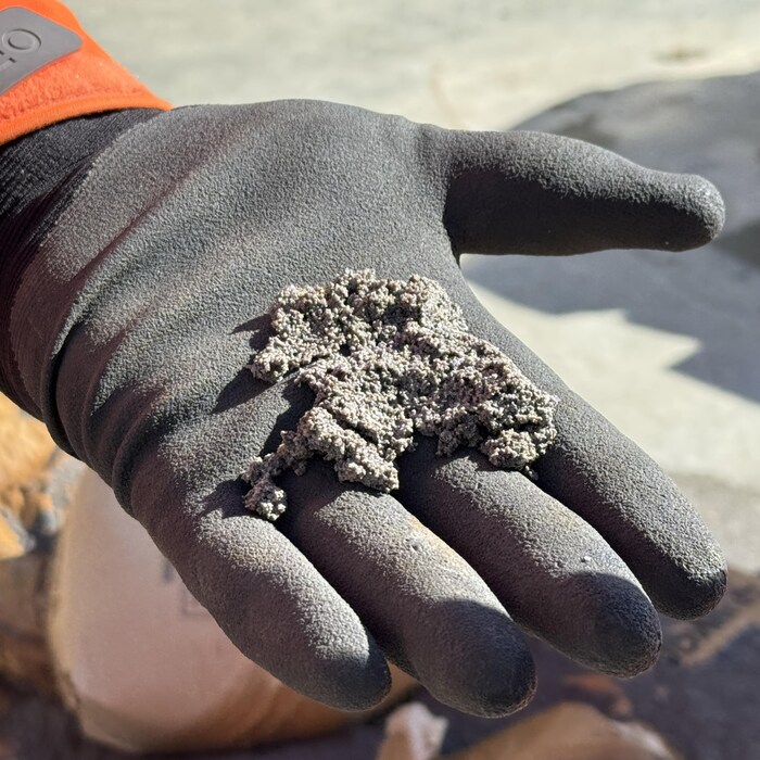 Une main ganté tient un mélange, sur le site de Deep Sky, à Innisfail, en Alberta, en mai 2025.