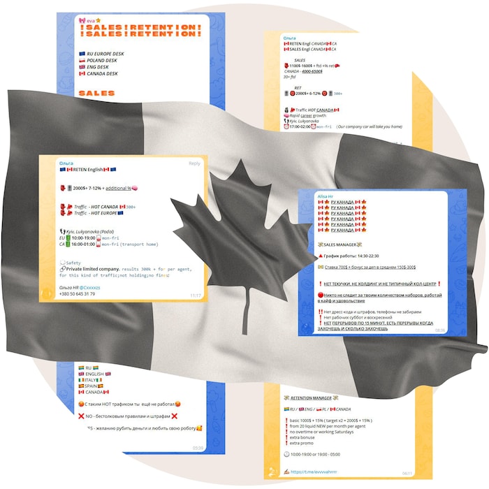 Des captures d'écran d'annonces d'offres d'emploi et un grand drapeau canadien. 