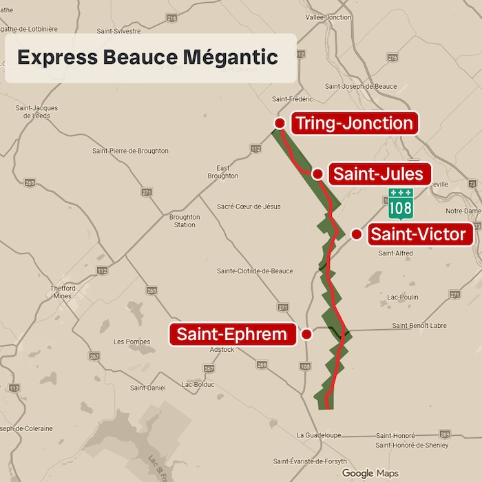 Une carte géographique avec un chemin en rouge.