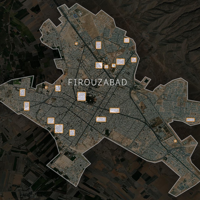 Une vue satellite des dégâts à Firouzabad.