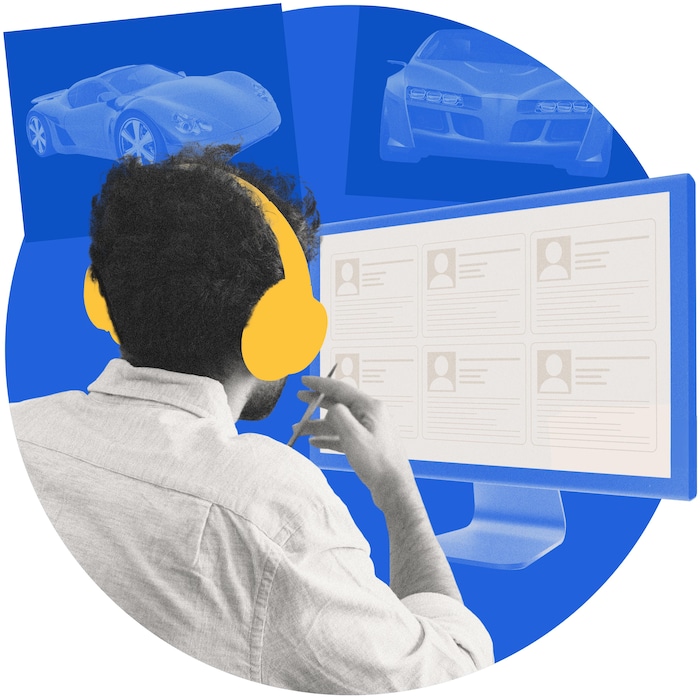 Un homme portant un casque d'écoute regarde des profils sur un écran d'ordinateur. Des affiches de voitures sont accrochées sur le mur. Illustration style collage. 