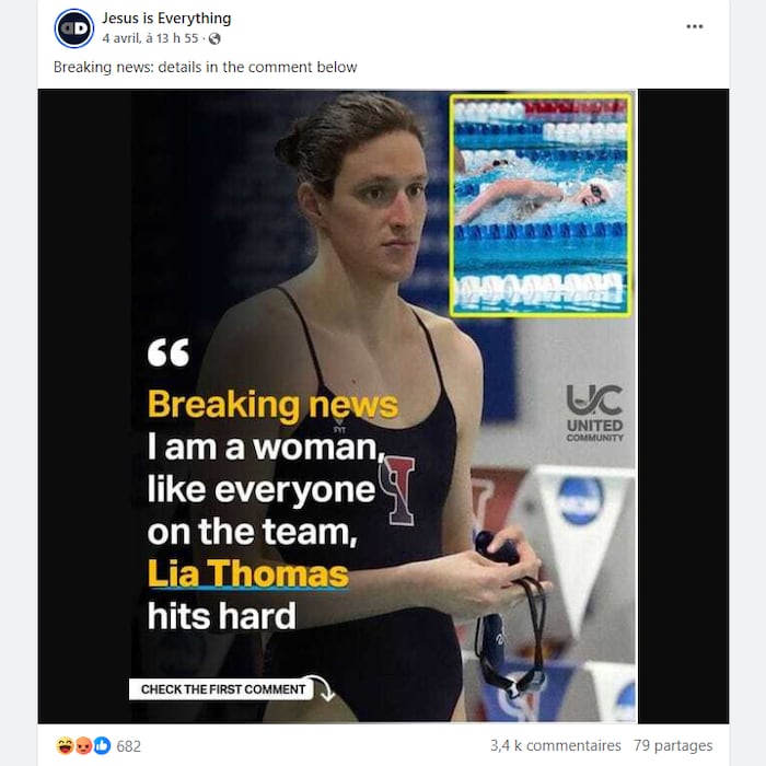 Capture d'écran de la publication Facebook de la page «Jesus is Everything» au sujet de Lia Thomas. 