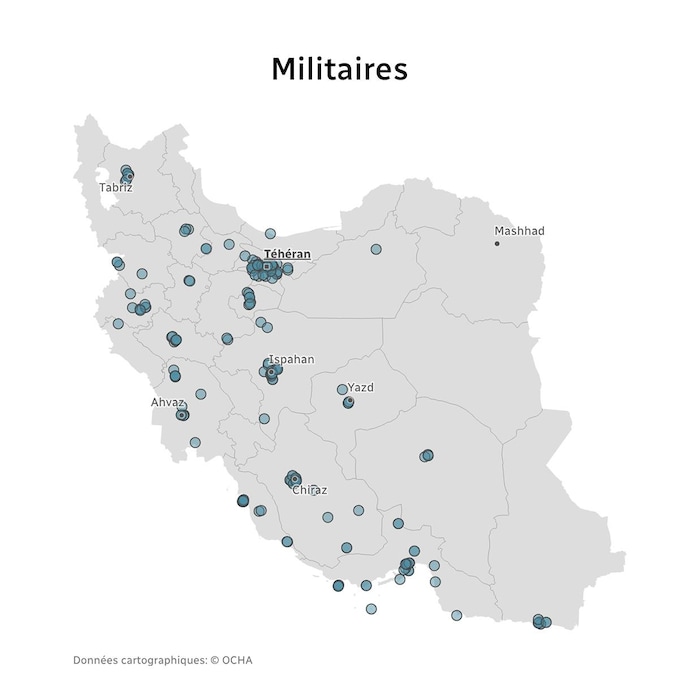 Une cartes des installations millitaires touchées en Iran.