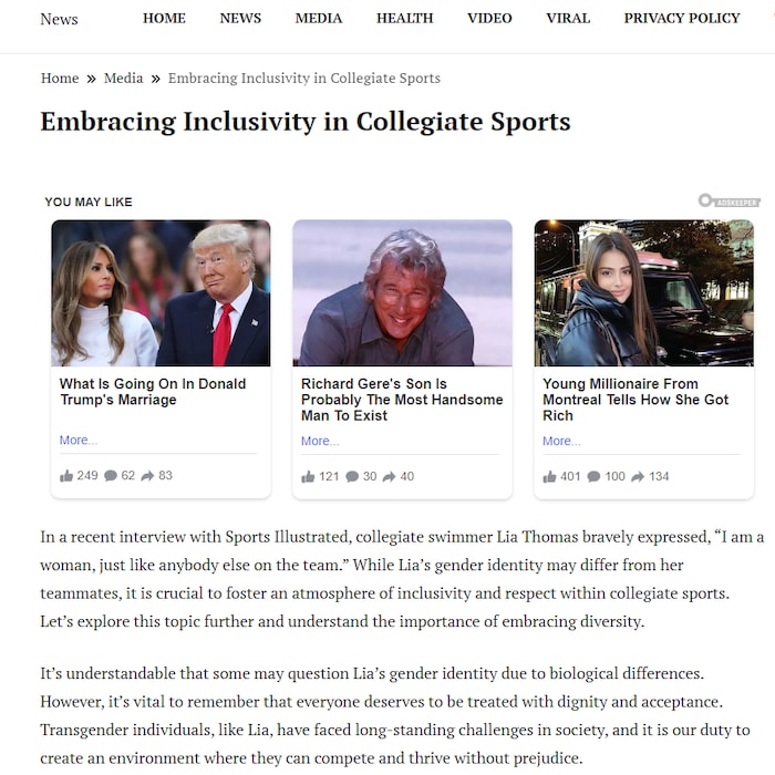 Capture d'écran d'un article d'un site  web rudimentaire au sujet de l'inclusivité dans le sport collégial. 
