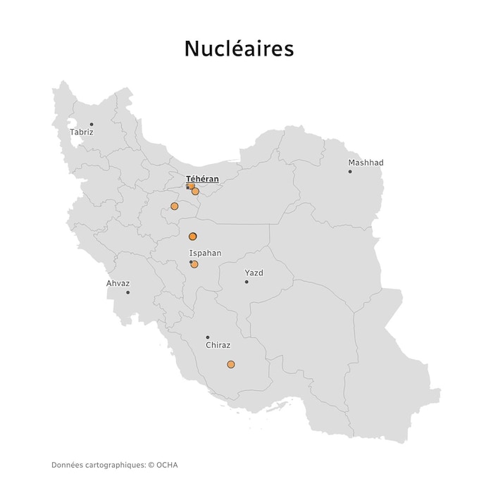 Une carte des installations nucléaires touchées en Iran.
