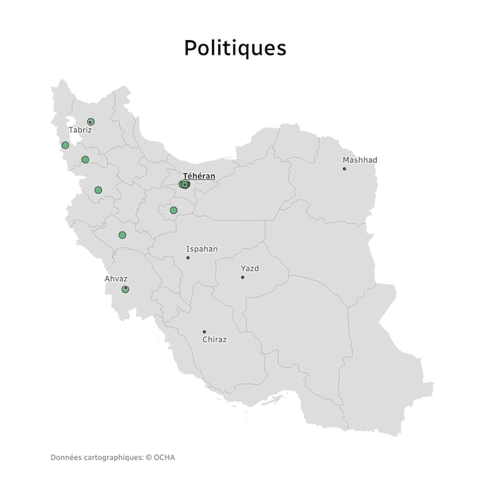 Une carte des installations politiques touchées en Iran.