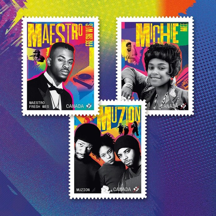Trois timbres en couleurs et en noir et blanc montrent Maestro Fresh Wes, Michie Mee et Muzion.