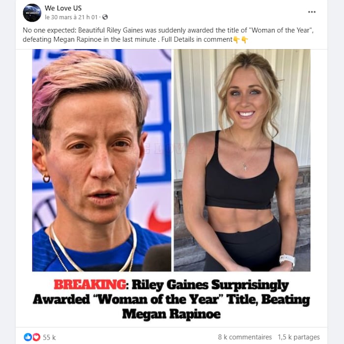 Capture d'écran d'une publication de la page Faceboook «We Love US» mettant en scène les athlètes américaines Riley Gaines et Megan Rapinoe.