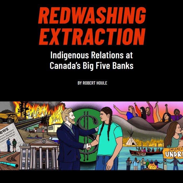 Une illustration du rapport de Robert Houle qui présente les dégâts des pétrolières, des manifestations d'Autochtones et au centre, un homme blanc et une Autochtone qui se serrent la main avec un dollar en fond.