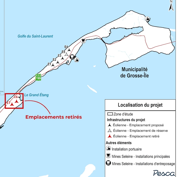 Une carte indique les différents emplacements des éoliennes, y compris les emplacements retirés.