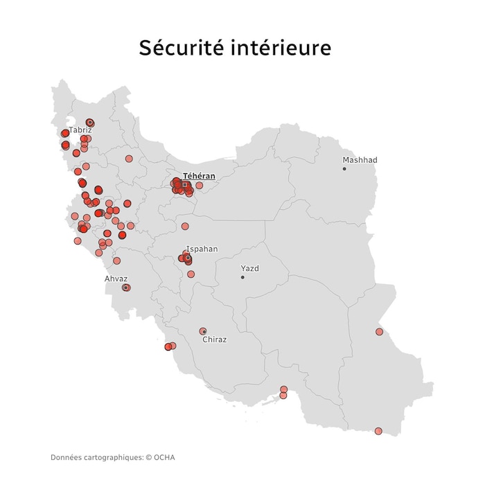Une carte des installations de sécurité intérieure touchées en Iran.