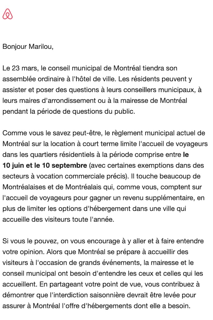 Extrait du courriel envoyé par Airbnb à ses hôtes.