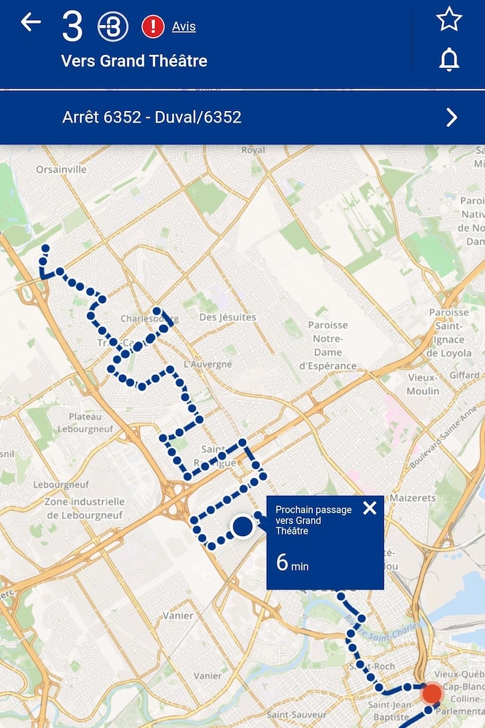 Une capture d'écran d'un trajet d'autobus du RTC sur une application mobile.