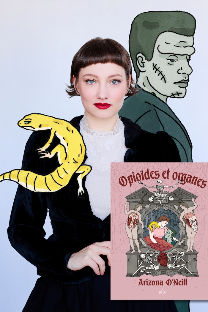 La photo d'une femme est accompagnée de dessins.