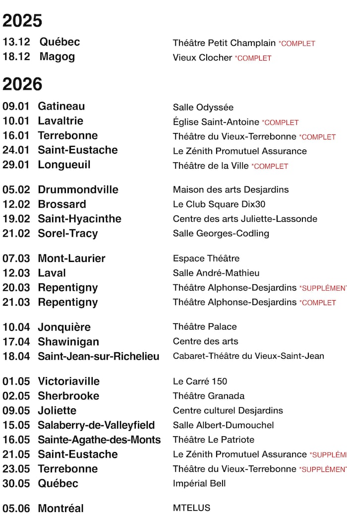 Liste des dates de performance à venir de JF Pauzé.