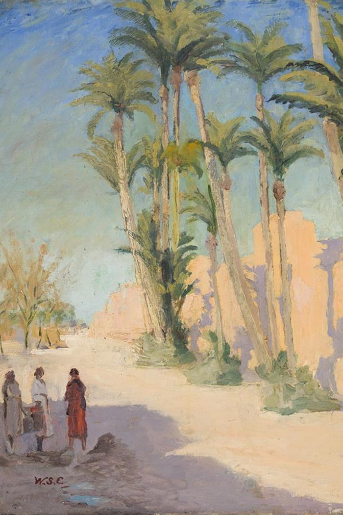 Un tableau représente des personnes devant des palmiers.