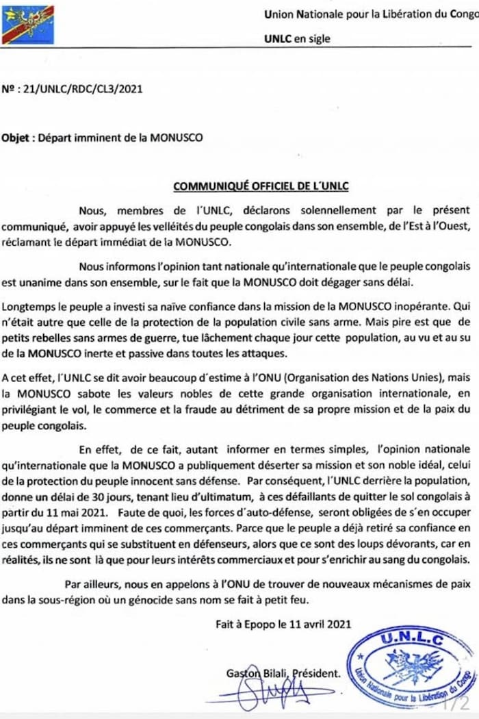 Le communiqué est signé par Gaston Bilali, président.