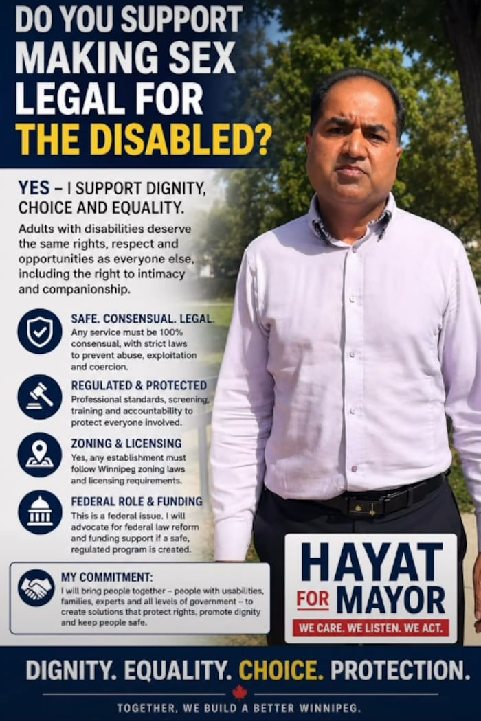 Une affiche sur laquelle figure des promesses du candidat à la mairie, Umar Hayat.