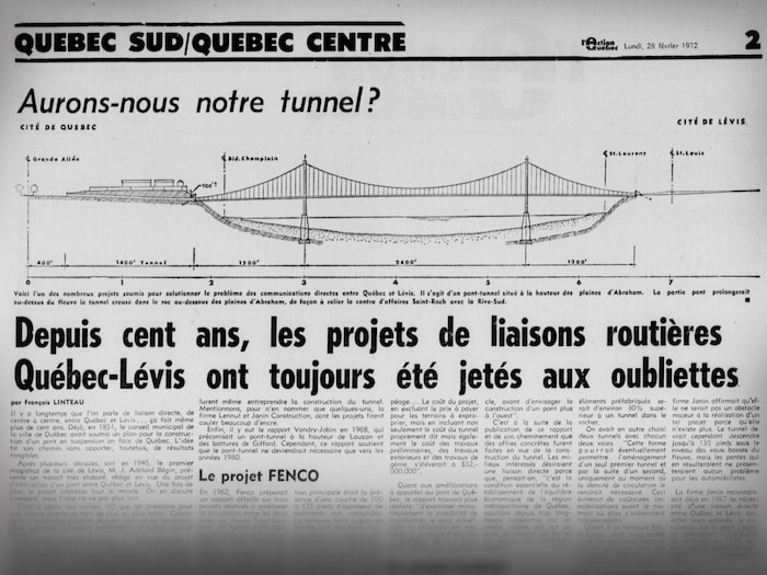 Coupure de journal où il est inscrit «Aurons-nous notre tunnel?» accompagnant un schéma du pont. En dessous est écrit «Depuis cent ans, les projets de liaisons routières Québec-Lévis ont toujours été jetés aux oubliettes».