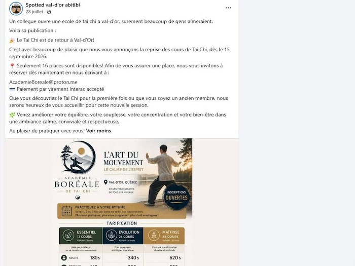 Une publication sur une école de tai-chi à Val-d'Or sur le réseau social Facebook.