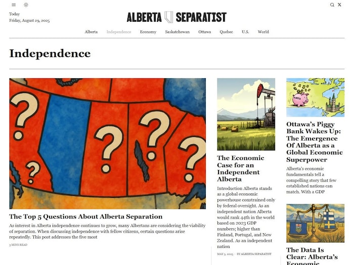 Capture d'écran du site web "Alberta Separatist", un site web d'information qui présente de soi-disant nouvelles sur l'Alberta. 