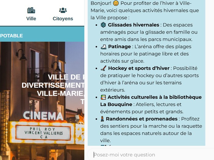 Le robot nous dit bonjour et nous propose sous forme de liste des activités hivernales, comme la glissade, le patin et la bibliothèque.