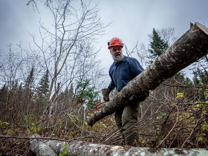 Un homme soulève un long billot de bois.