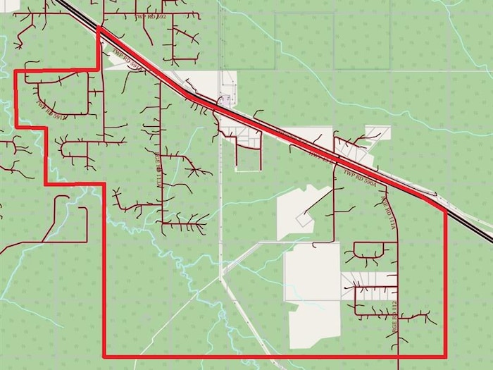 Une carte avec une frontière soulignée près de Whitecourt.
