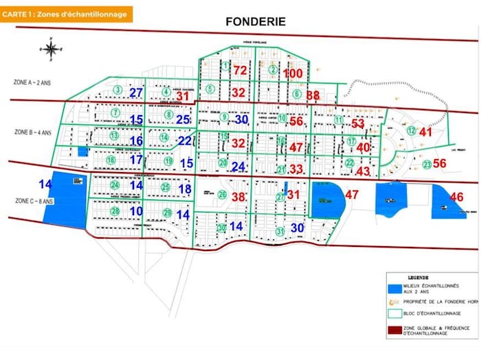 Bloc de maisons du quartier Notre-Dame, selon leur fréquence d'échantillonnage (lignes rouges horizontales) et leur résultats de tests de 2019. 