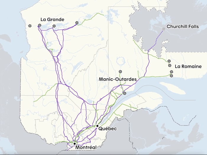 Carte du réseau actuel de lignes 735 kV, en mauve, et 315 kV, en vert.