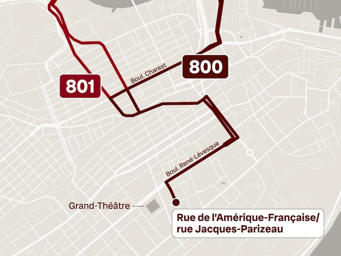 Carte des parcours qui s'arrêtent à un coin de rue du Grand Théâtre.