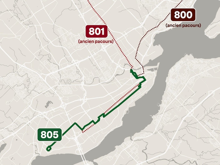 Carte du trajet du parcours 805 en comparaison avec les tracés des parcours 800 et 801.