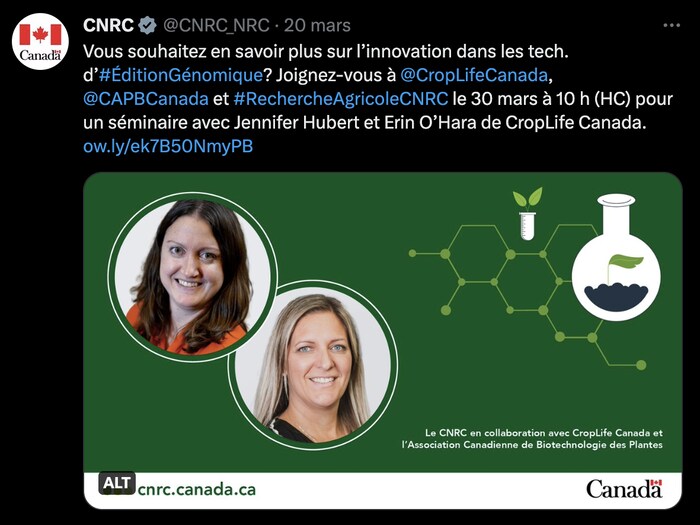 Un tweet du Conseil national de recherches du Canada du 20 mars 2023 qui annonçait un séminaire en collaboration avec CropLife pendant lequel devaient intervenir deux employées de ce lobby.