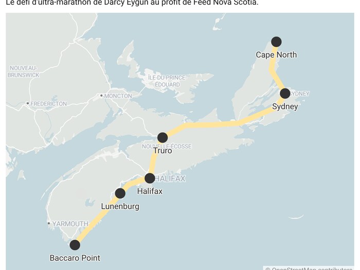 Carte de la Nouvelle-Écosse illustrant le parcours du défi NS Coast2Coast, reliant Cape North à Baccaro Point en passant par Sydney, Truro, Halifax et Lunenburg.