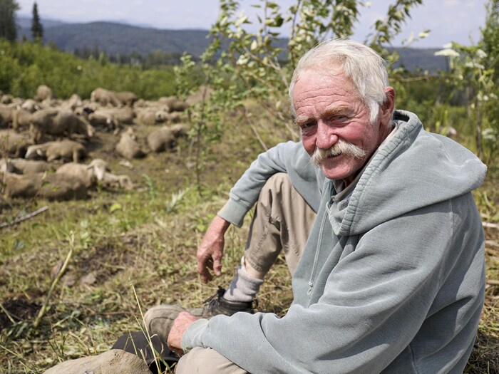 Un homme portant la moustache sourit à la caméra. Derrière lui, un troupeau de moutons broute.