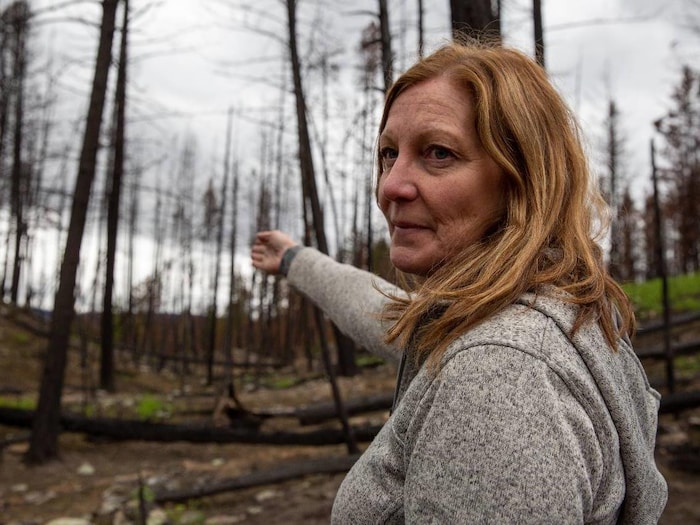 Une femme devant des arbres morts. 