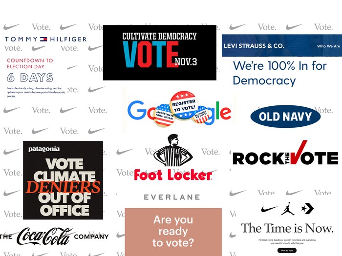 Photomontage montrant le nom de plusieurs entreprises qui incitent à voter le 3 novembre.
