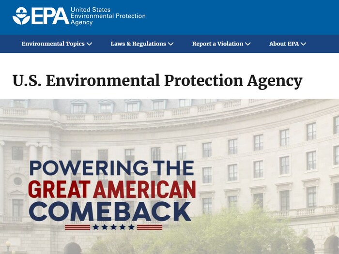 Une capture d'écran de la page d'accueil du site de l'Agence américaine de protection de l'environnement.