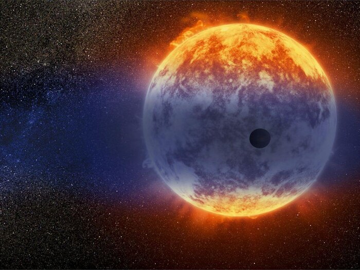 Illustration de l'exoplanète GJ 3470 b devant son étoile.
