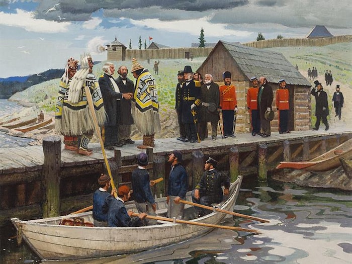 Un tableau montre des gens sur un ponton en bois.