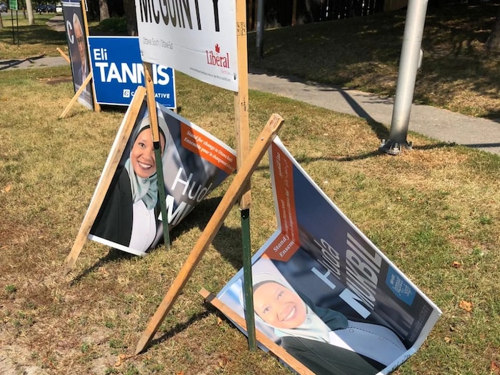 Ottawa South NDP candidate Huda Mukbil said police have been alerted to vandalism done to her election signs and are investigating. (Twitter )