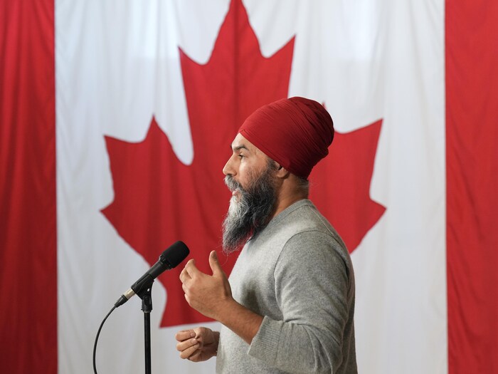Jagmeet Singh devant un drapeau canadien.