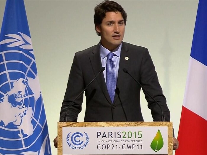 Le premier ministre du Canada, Justin Trudeau, prenant la parole à la conférence de Paris sur le climat.