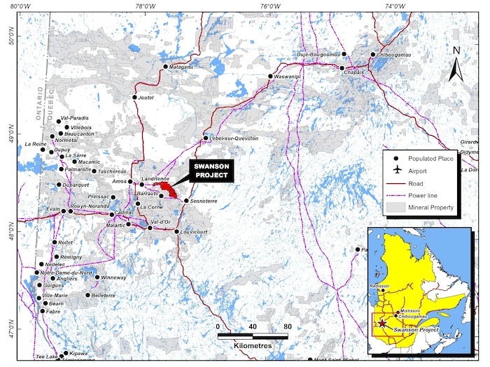 Une carte indiquant l'endroit du projet minier Swanson.