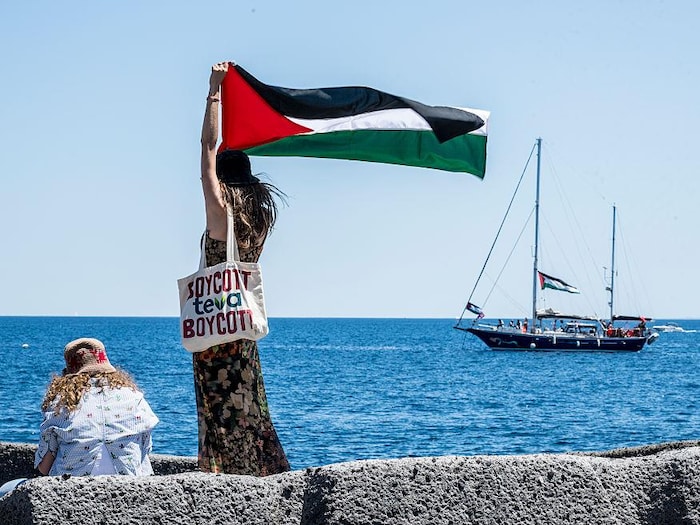 Une femme fait flotter un drapeau palestinien sur la côte alors que le navire appareille.