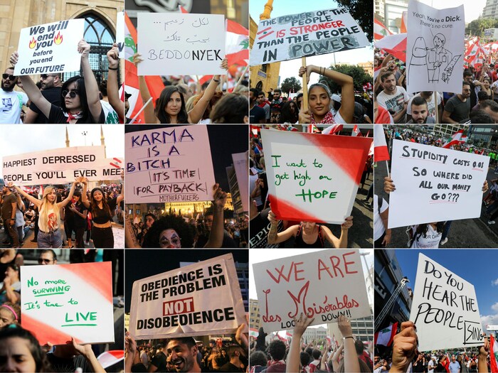 Compilation de photos montrant des manifestants brandissant des pancartes.