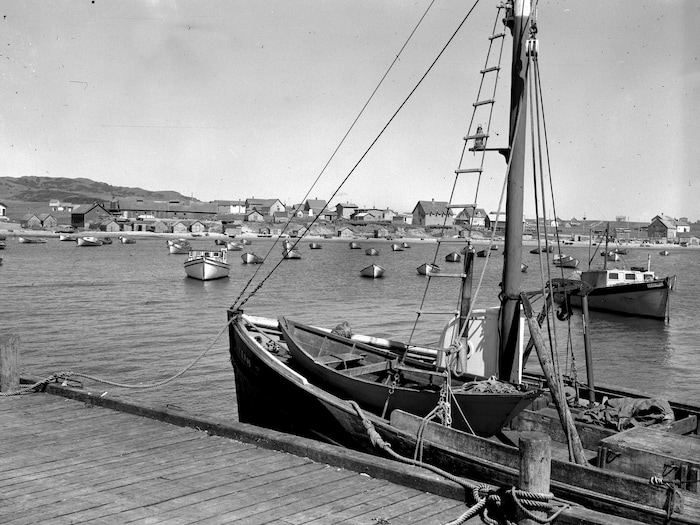 De nombreux bateaux ancrés près des îles de la Madeleine en 1959.