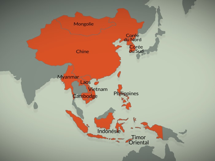 Carte montrant les pays d'Asie où la peste porcine est présente.