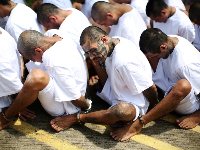 Des criminels du gang de rue MS-13 sont escortés dans une prison à sécurité maximale au Salvador. Les hommes tatoués au visage sont assis en rang.
